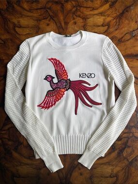 Kenzo White Crewneck Sweater with Red and Pink Embroidered Bird